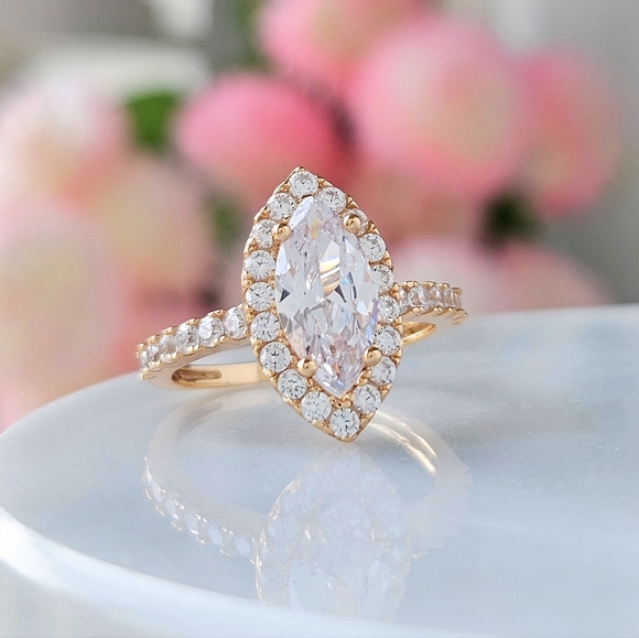 Gold marquise ring, 925 Sterling Silver, 10k Gold Finish Charmed Aroma - Picture 2 of 3